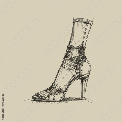 Artistic illustration of a unique high-heeled shoe with a steampunk design and intricate details