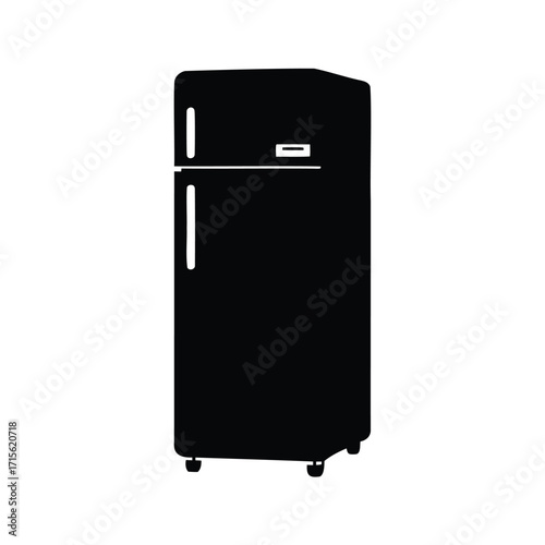 Black and white illustration of a refrigerator appliance standing on small wheels, refrigerator silhouette vector illustration