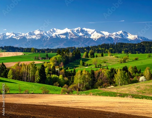 A breathtaking vista of rolling hills, lush greenery, and snow-capped mountains, showcasing a peaceful and vibrant landscape.
