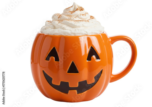 Isolated Pumpkin Mug Topped with Whipped Cream and Spice Sprinkle for Halloween Season