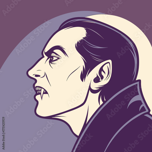Illustration of a vampire with sharp fangs and dark hair in profile against a moonlit background