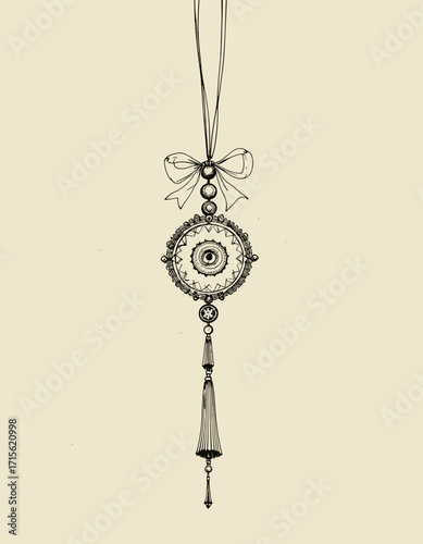 Delicate illustration of an ornate pendant with a bow, featuring intricate details and decorative elements