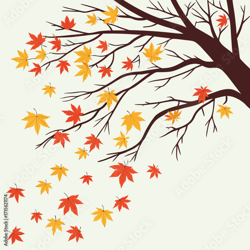 Illustration of a tree with falling autumn leaves in red and yellow colors on a light background scene
