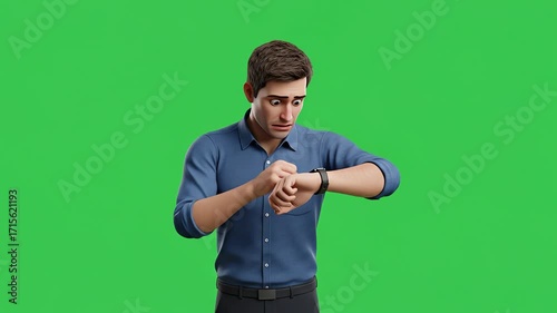 Man checking his watch with a surprised expression on green screen