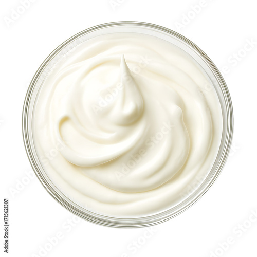 Top view of creamy white yogurt swirl isolated on transparent background
