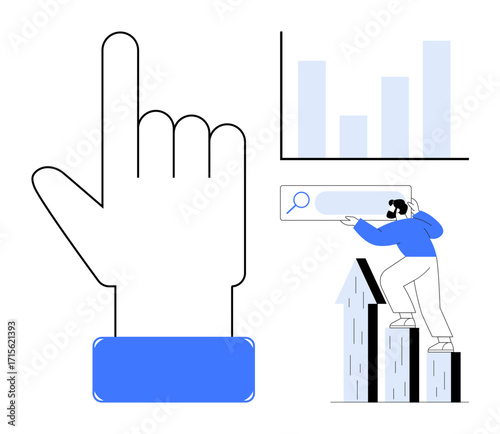 Large hand symbol, bar chart, search bar, and a person climbing upward arrows envisioning growth. Ideal for progress, development, search, exploration, analysis direction simple flat metaphor