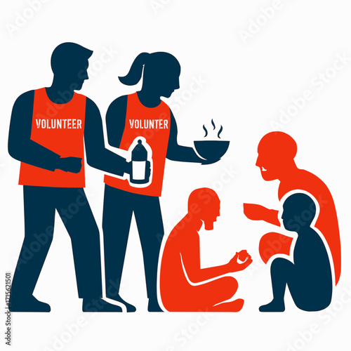 A vector design of volunteers distributing food and water to disaster survivors, in solid colors on a white background