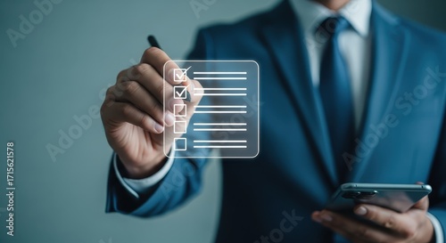Businessman using checklist for task management, planning, and business organization