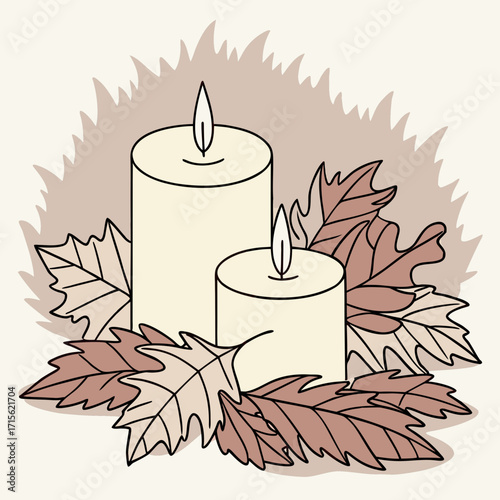 Illustration of three lit candles in glass holders surrounded by brown autumn leaves on a light background