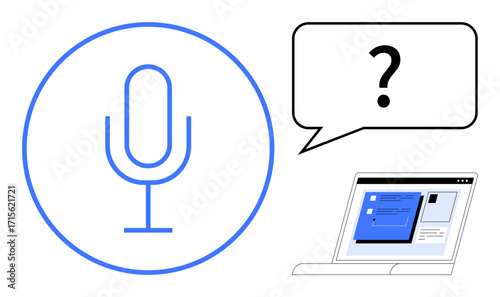 Microphone within circular frame, speech bubble with question mark, and computer screen. Ideal for communication, AI, technology, assistance, customer support, automation accessibility simple flat