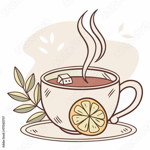Illustration of a steaming cup of tea with lemon on a saucer next to a lemon and leafy sprig on a table