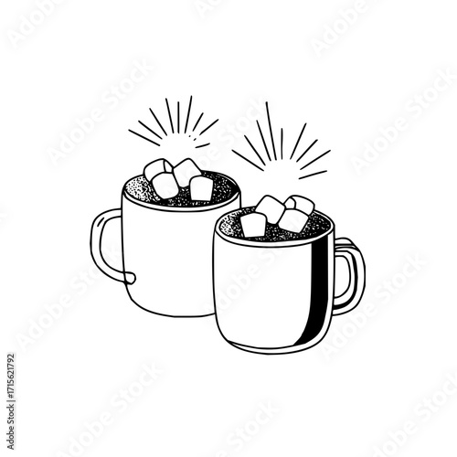 Two mugs of hot chocolate topped with marshmallows and radiating warmth in a black and white drawing