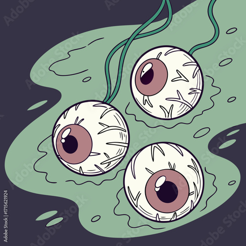 Three eyeballs floating in a green liquid with dark purple background in a cartoonish and spooky style