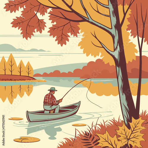 A serene scene featuring a fisherman in a boat on a lake surrounded by autumn foliage and trees landscape