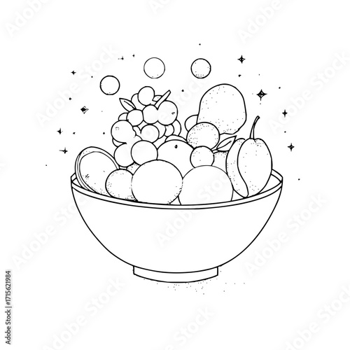 A bowl filled with various fruits including grapes oranges and pears in a black and white illustration