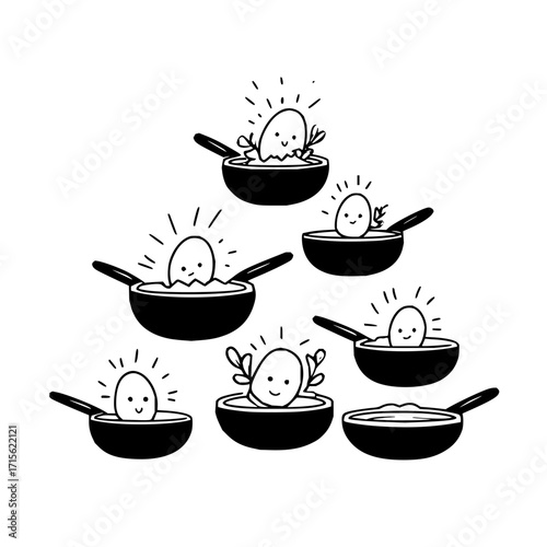 Seven cartoon eggs with faces in black frying pans arranged in a pyramid shape on a white background