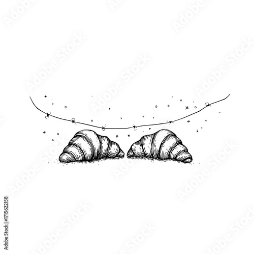 Two croissants with a string of lights above them in a black and white sketch style illustration