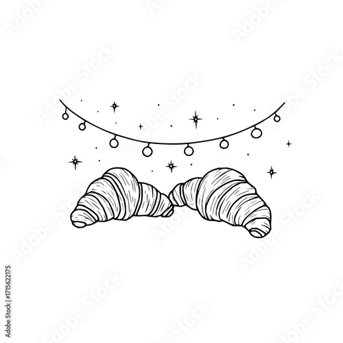 Two croissants under a string of lights and stars in a black and white line art drawing style image
