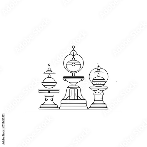 Three decorative objects with spherical elements on pedestals in a line art style illustration