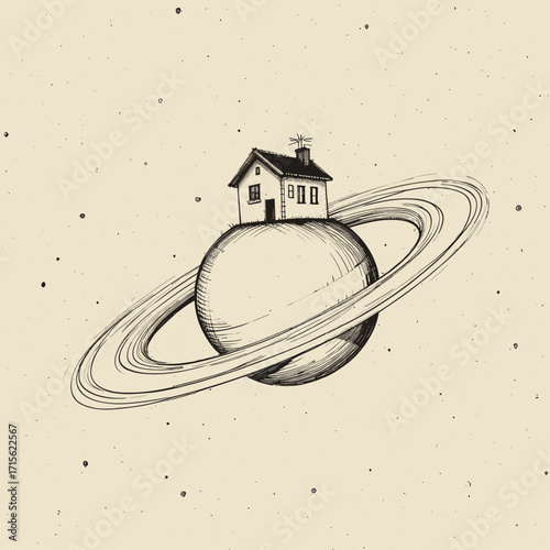 House on a Planet with Rings, Whimsical Illustration, Surreal Concept, Copy Space