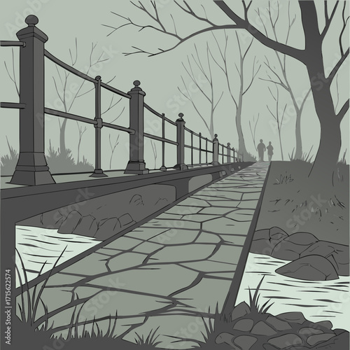 A whimsical illustration of a stone path with a railing leading into the distance with two figures walking