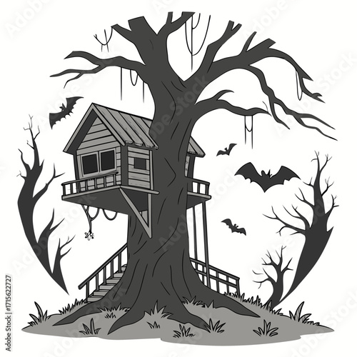 Illustration of a spooky treehouse with bats flying around it on a white background in a circular frame