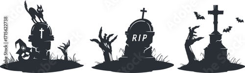 Halloween graves. Spooky grave stones with zombie hands and bats, Halloween monster zombie scrawny hand sticking out from gravestone silhouette flat vector illustration set. Creepy Halloween posters