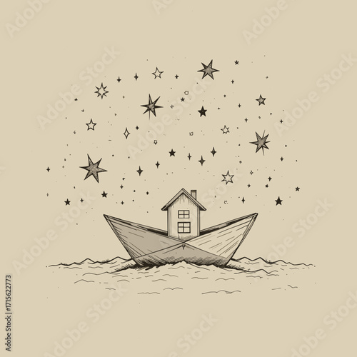 Whimsical house on a boat with a dreamy atmosphere and starry night sky