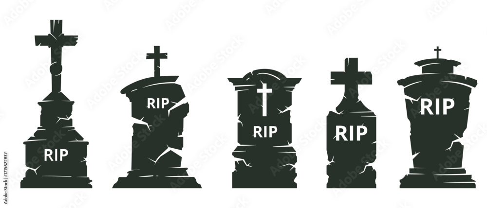 Fototapeta premium Halloween tombstone and graveyard vector set with RIP headstones, spooky cemetery, creepy night sky and haunted illustration designs