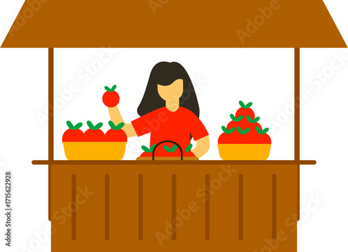 modern flat icons depicting scenes of retail and grocery shopping. Includes customers, vendors, fresh produce, and market stalls. Perfect for UI, websites, and healthy eating concepts.