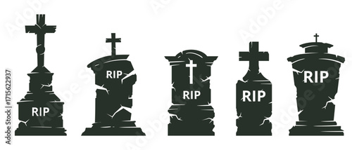 Halloween tombstone and graveyard vector set with RIP headstones, spooky cemetery, creepy night sky and haunted illustration designs