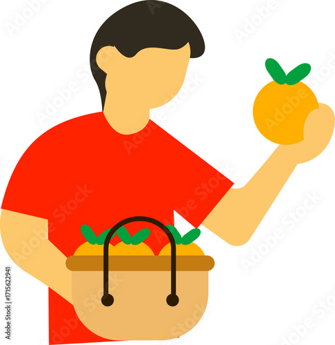 modern flat icons depicting scenes of retail and grocery shopping. Includes customers, vendors, fresh produce, and market stalls. Perfect for UI, websites, and healthy eating concepts.