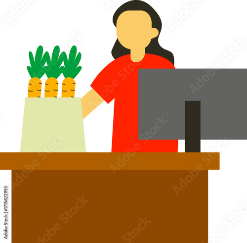 modern flat icons depicting scenes of retail and grocery shopping. Includes customers, vendors, fresh produce, and market stalls. Perfect for UI, websites, and healthy eating concepts.