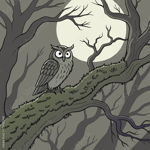 Owl perched on a branch in a spooky forest under the moonlight with bare trees and a dark atmosphere