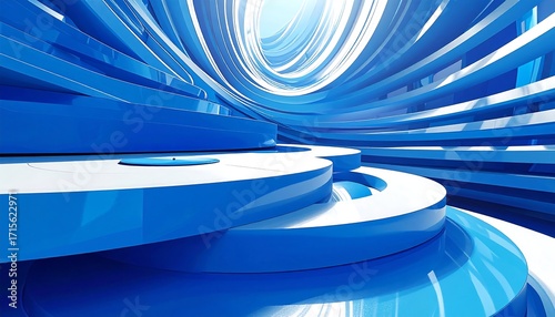 Abstract 3D rendering of concentric blue rings creating a futuristic, architectural space. Curves, light, and depth create an immersive visual experience