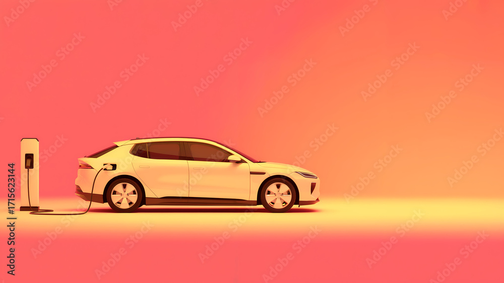 Naklejka premium Modern electric vehicle charging in vibrant studio, promoting sustainable energy and cutting edge tech