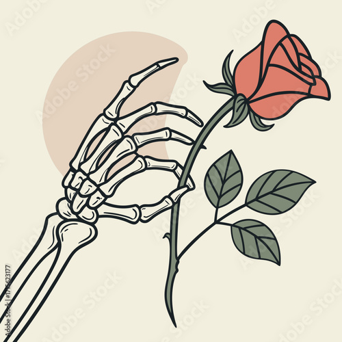A skeleton hand holding a rose flower with green leaves against a light background and beige circle art