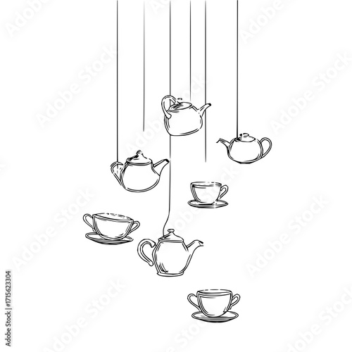 Sketch of teapots and cups hanging from strings in a whimsical and decorative arrangement on white background