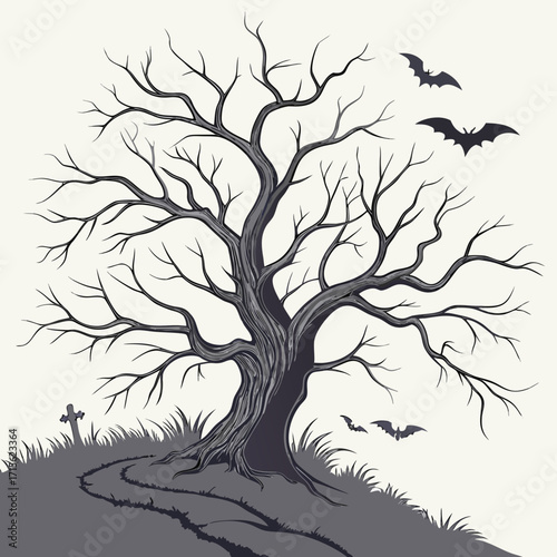 A spooky tree with bats flying around it, set against a moonlit sky, creating a halloween themed scene