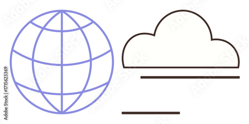 Blue globe and brown cloud outline with minimal text lines express themes of global networking, cloud computing, internet, data exchange, technology, innovation, sustainability. Ideal for simple flat