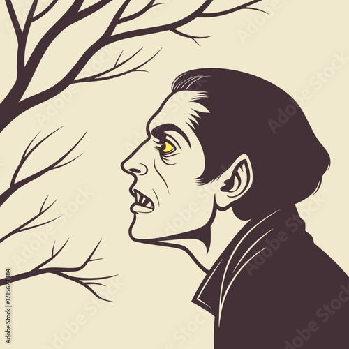 Illustration of a vampire with sharp fangs and dark hair in profile against a moonlit background