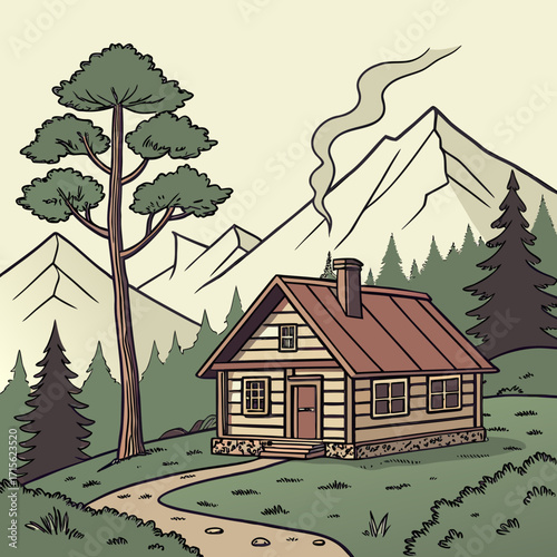 Illustration of a cozy cabin nestled in a mountain landscape with a tall pine tree and leafy tree in view