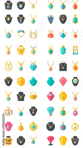 Colorful necklace and pendant displays on mannequins, a variety of styles and precious stones illustrated in flat design.