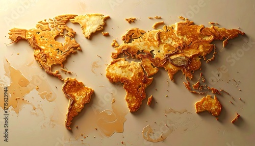 A world map crafted from golden-brown pancakes, showcasing a unique and delicious visual representation of the continents.