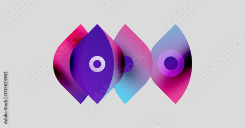Abstract design features overlapping colorful shapes, circles, gradients. Modern aesthetic, vibrant hues create dynamic visual impact.
