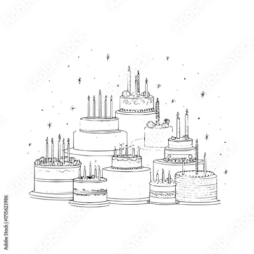 A collection of various cakes with candles on top arranged together in a celebratory display on white background