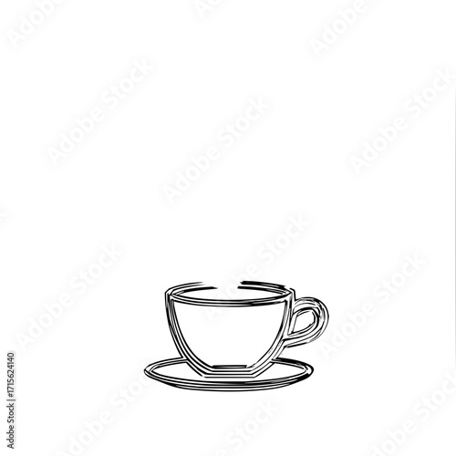 A simple line drawing of a coffee cup and saucer with a handle on a white background image view