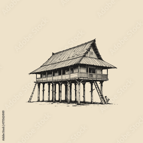 Stilt house sketch, traditional wooden architecture illustration, rural living design