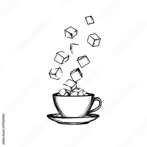 Sketch illustration of sugar cubes falling into a cup of coffee on a saucer in black and white style