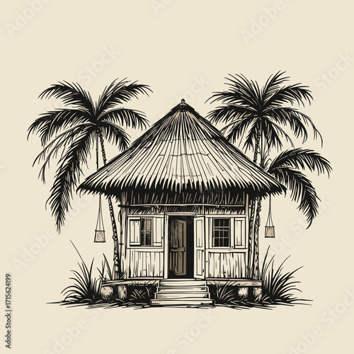 Tropical hut with palm trees sketch, charming vacation home illustration